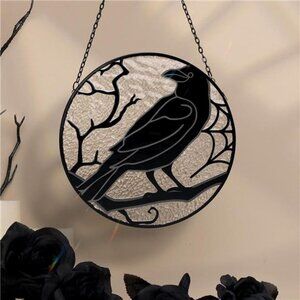 Raven Stained Glass Suncatcher Window Hanging Decoration, Halloween Gothic Crow
